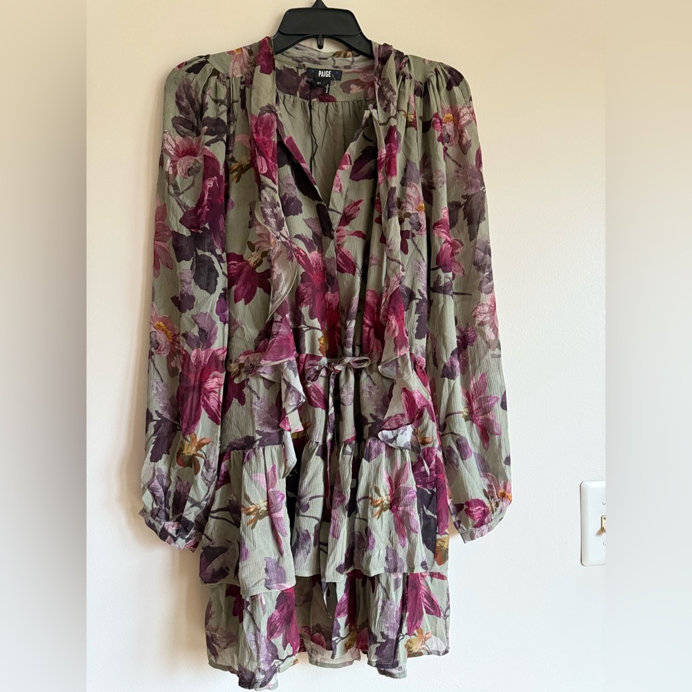NEW Paige Elynne Floral Print Long Sleeve 100% Silk Minidress in multi Size XS